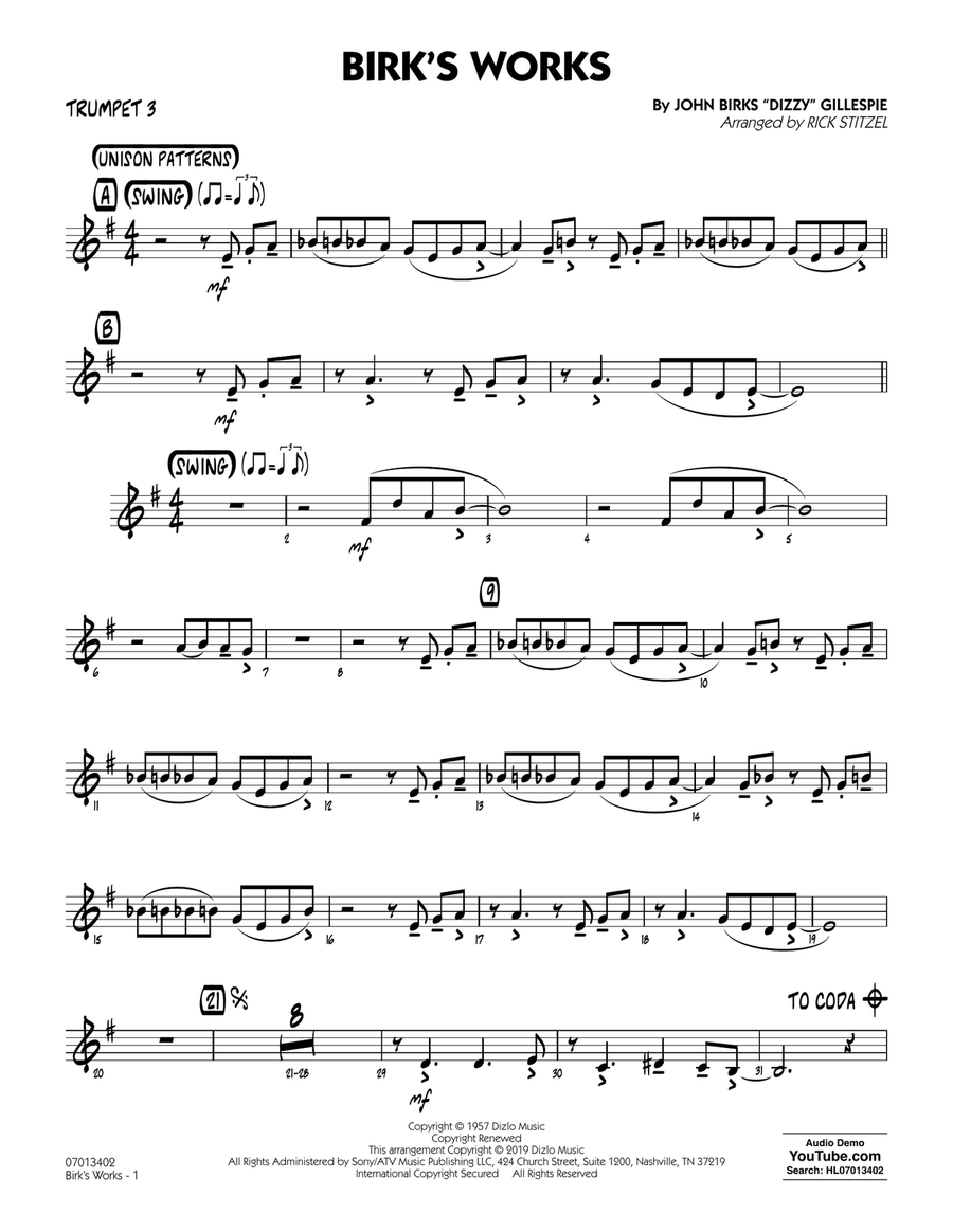 Birk's Works (arr. Rick Stitzel) - Trumpet 3 Jazz Ensemble scores gallery preview page 1