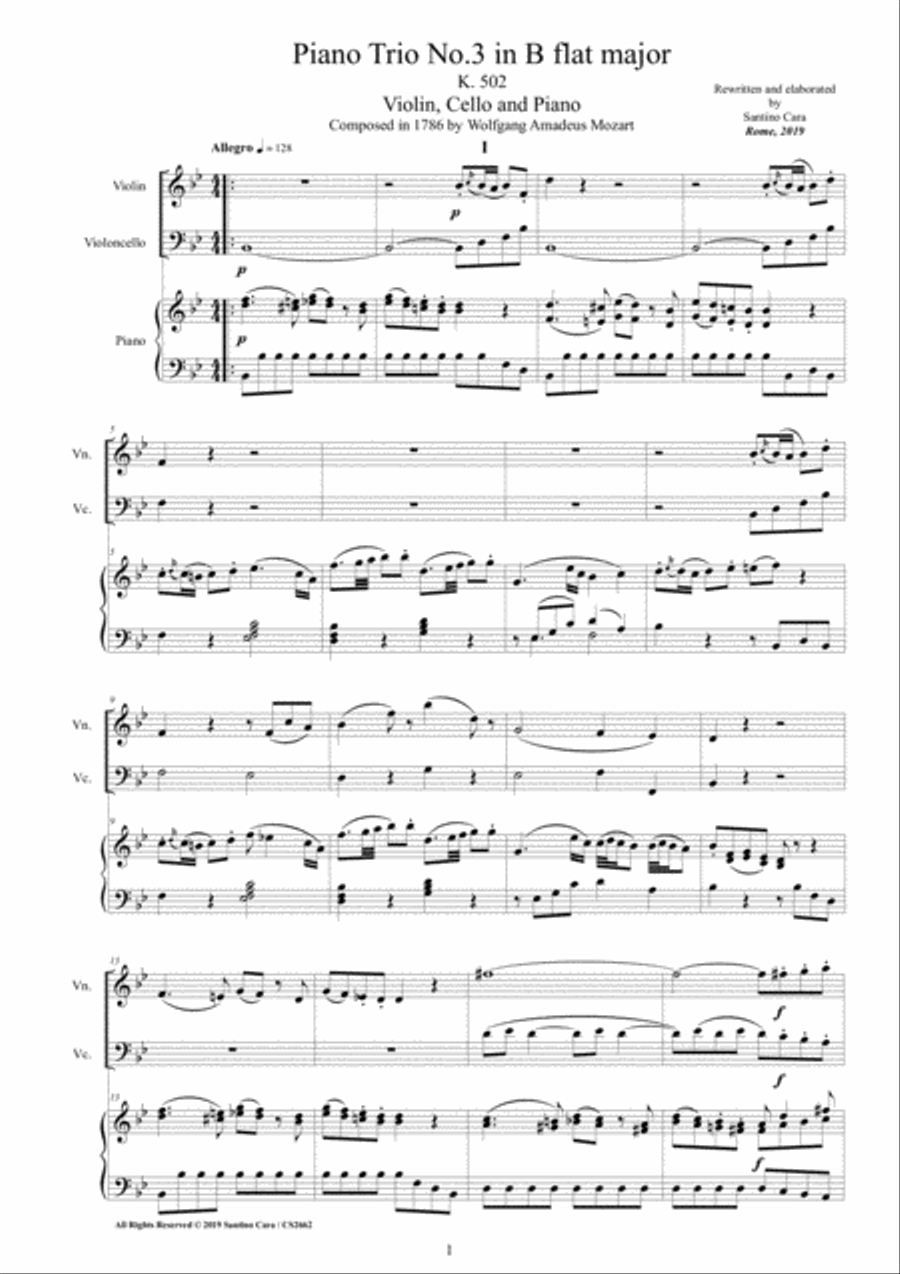 Mozart - Piano Trio No.3 in B flat K 502 for Violin, Cello and Piano Piano Trio scores gallery preview page 1