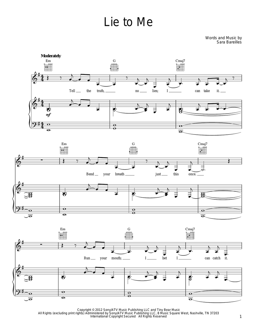 Lie To Me Lie To Me Piano, Vocal, Guitar scores gallery preview page 1