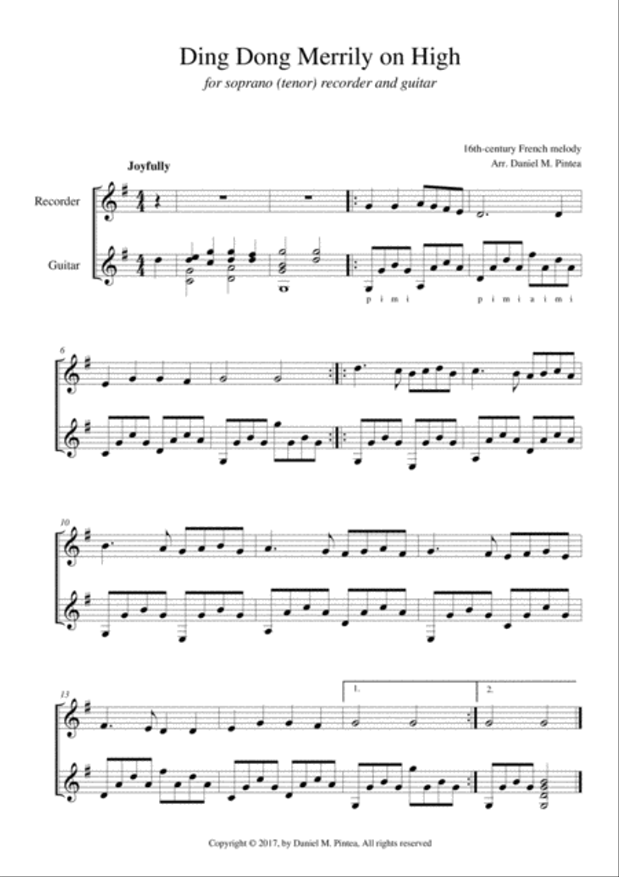 Ding Dong Merrily on High - Soprano recorder and guitar Small Ensemble scores gallery preview page 1