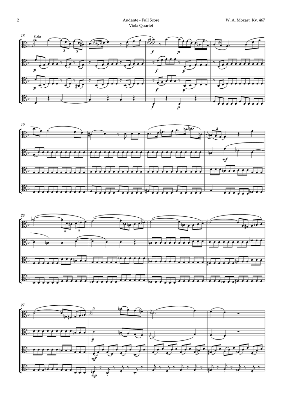 Andante from Piano Concerto No. 21 by Mozart for Viola Quartet String Quartet scores gallery preview page 2