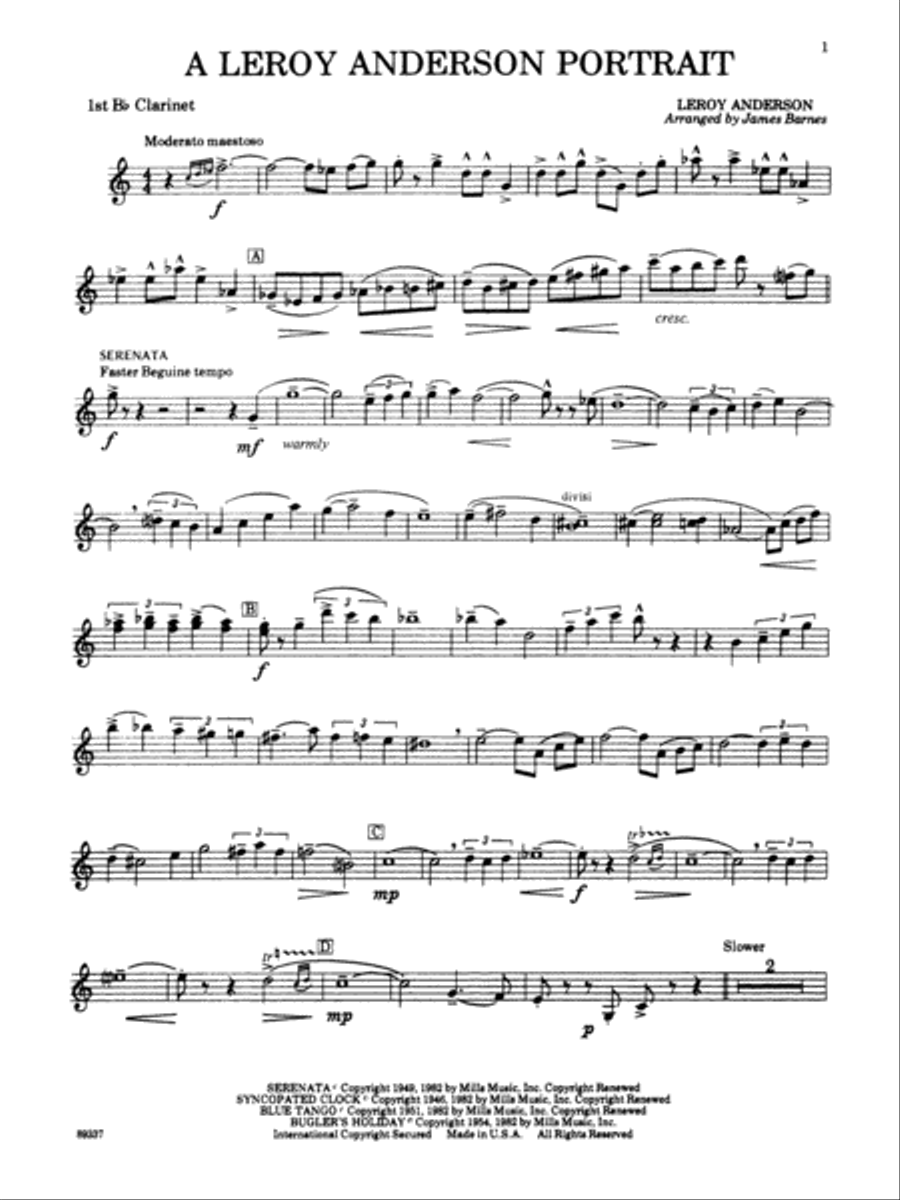 Leroy Anderson Portrait: 1st B-flat Clarinet Concert Band scores gallery preview page 1