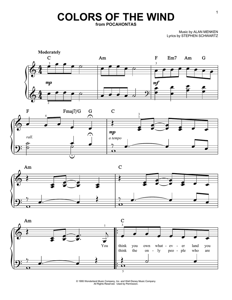 Colors Of The Wind (from Pocahontas) Easy Piano scores gallery preview page 1