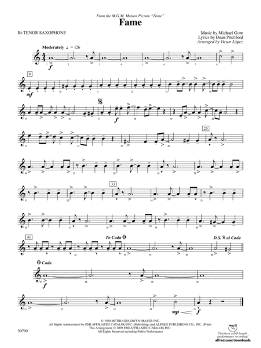 Fame (from the motion picture Fame): B-flat Tenor Saxophone Concert Band scores gallery preview page 1