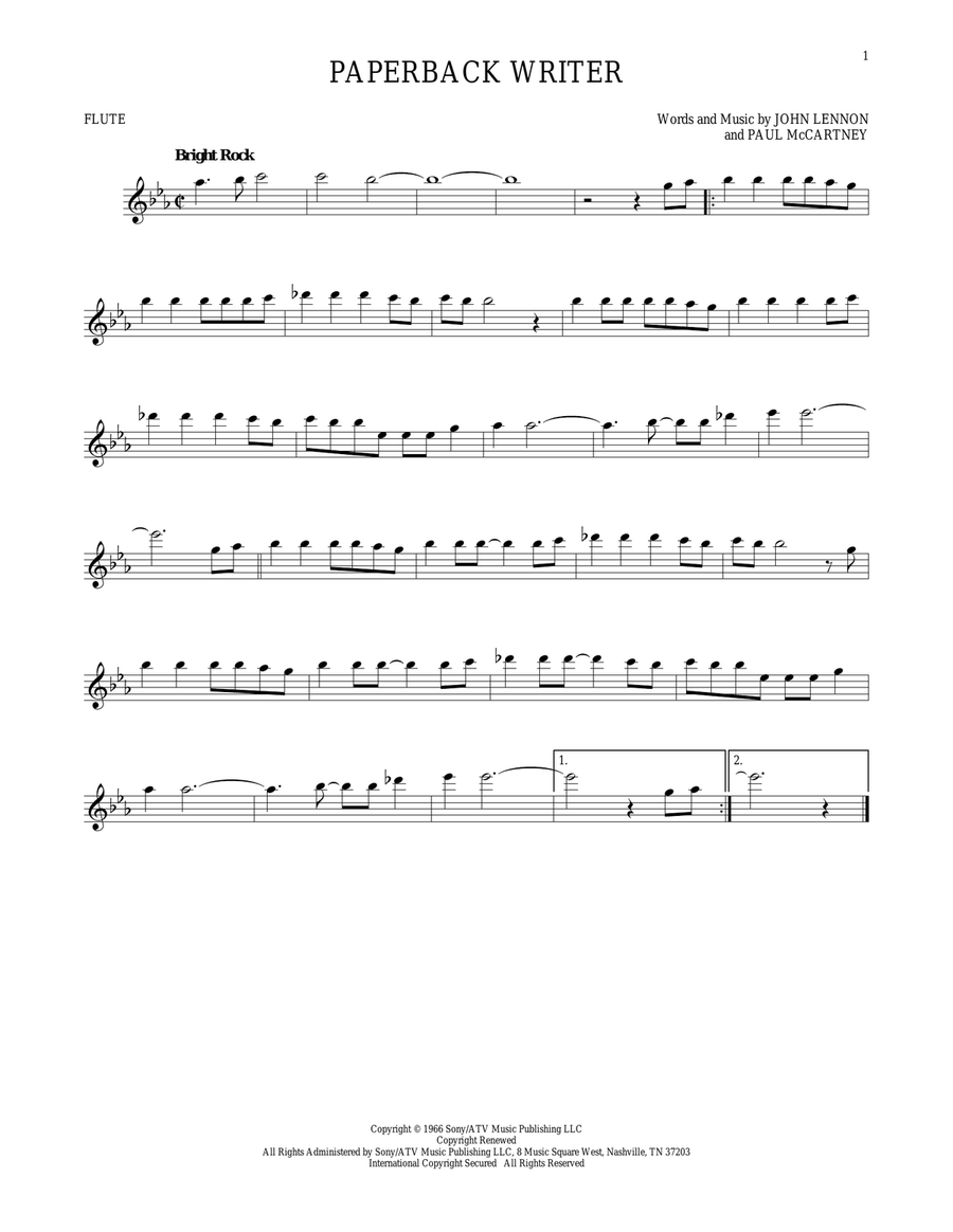 Paperback Writer Paperback Writer Flute Solo scores gallery preview page 1
