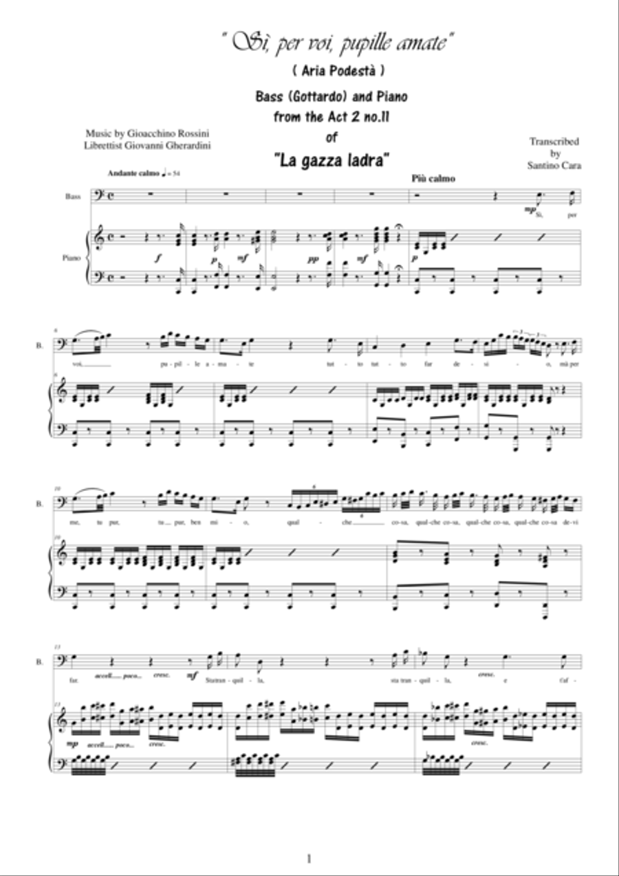 Rossini-La gazza ladra (Act 2s11) Sì per voi, pupille amate - Bass voice and piano Bass Voice scores gallery preview page 1