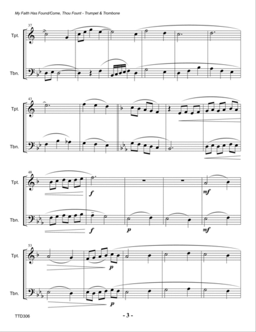 MY FAITH HAS FOUND A RESTING PLACE/COME THOU FOUNT OF EVERY BLESSING - Trumpet & Trombone Duet (unac Brass Duet scores gallery preview page 3