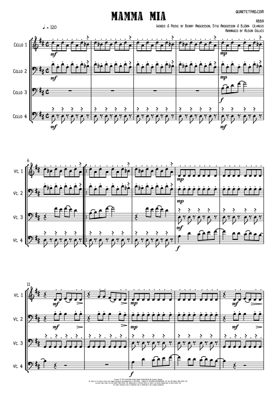 Mamma Mia Cello scores gallery preview page 1