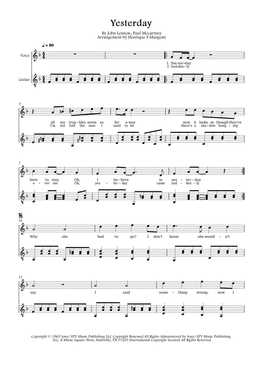 Yesterday Piano, Vocal, Guitar scores gallery preview page 1