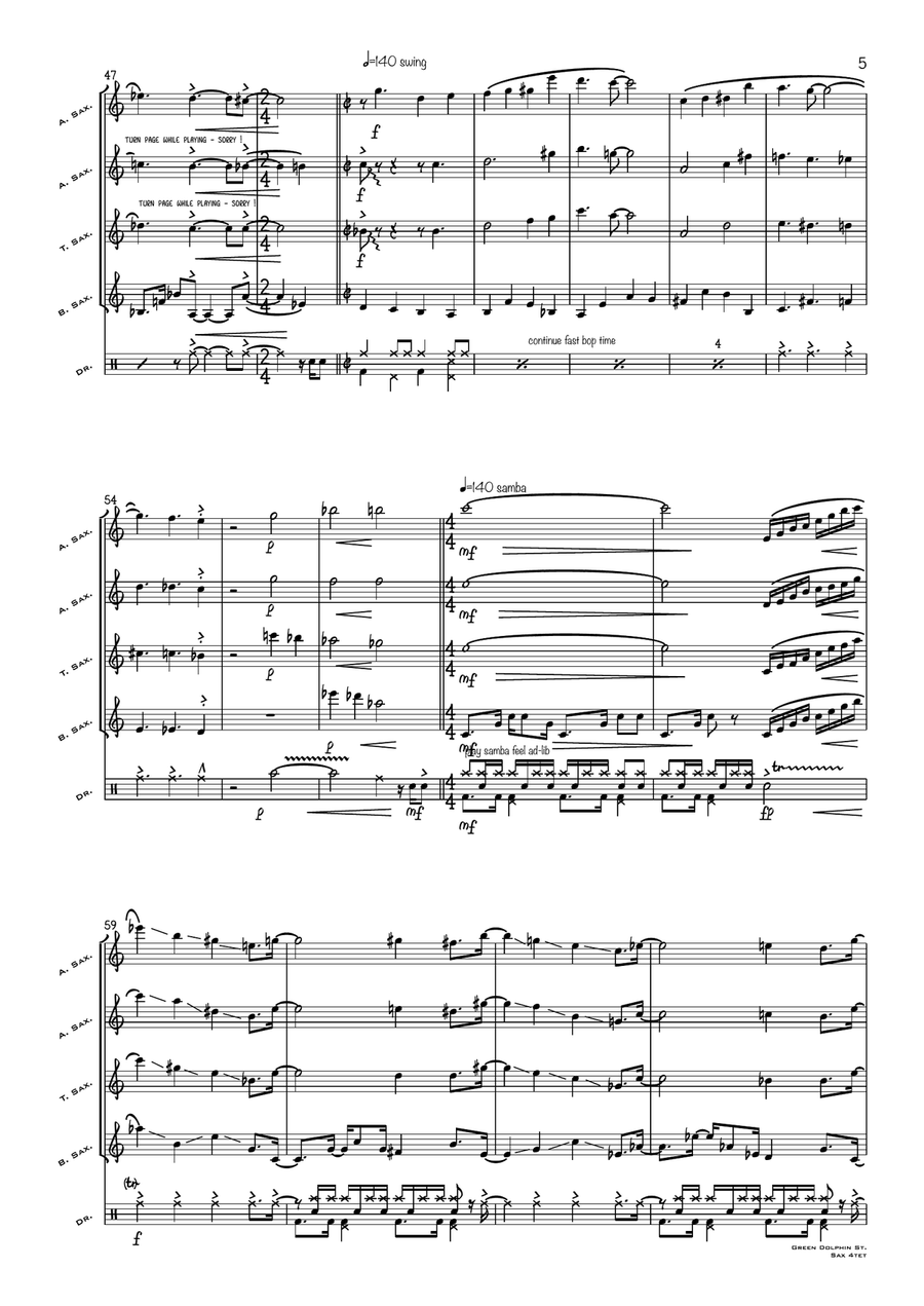 On Green Dolphin Street Saxophone Quartet scores gallery preview page 5