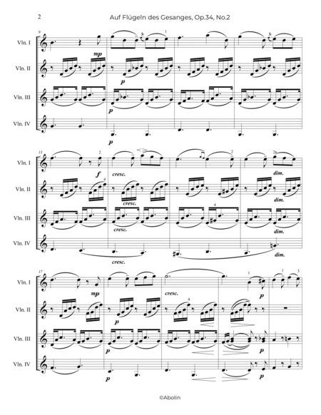 Mendelssohn: On Wings of Song, Op.34, No.2 - arr. for Violin Quartet image number null