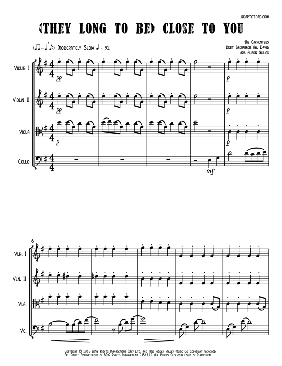 (they Long To Be) Close To You String Quartet scores gallery preview page 1