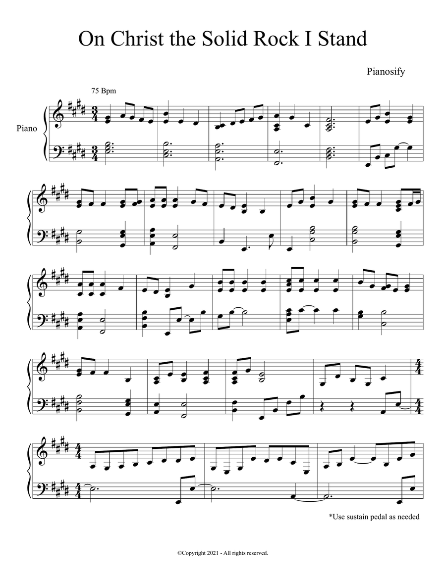 PIANO - On Christ the Solid Rock I Stand (Piano Hymns Sheet Music PDF) Piano Solo scores gallery preview page 1