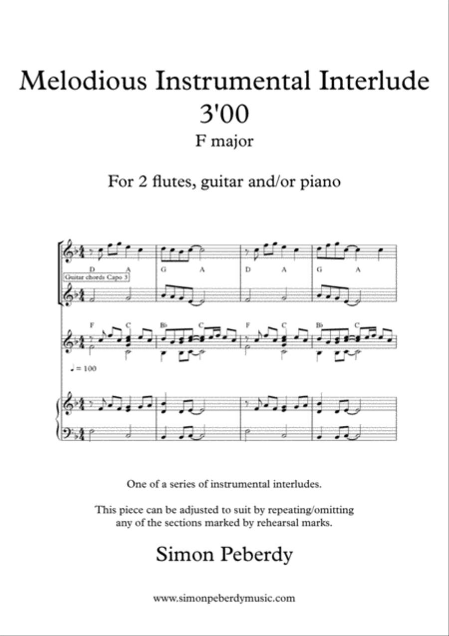 Melodious Instrumental Interlude 3'00 in F for 2 flutes, guitar and/or piano by Simon Peberdy Small Ensemble scores gallery preview page 1