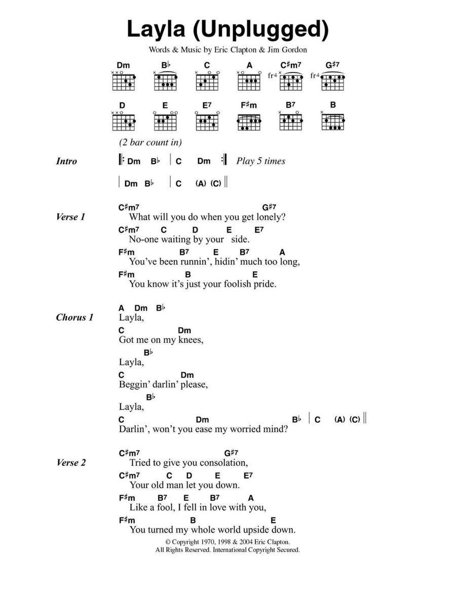 Layla (Unplugged) Easy Guitar scores gallery preview page 1