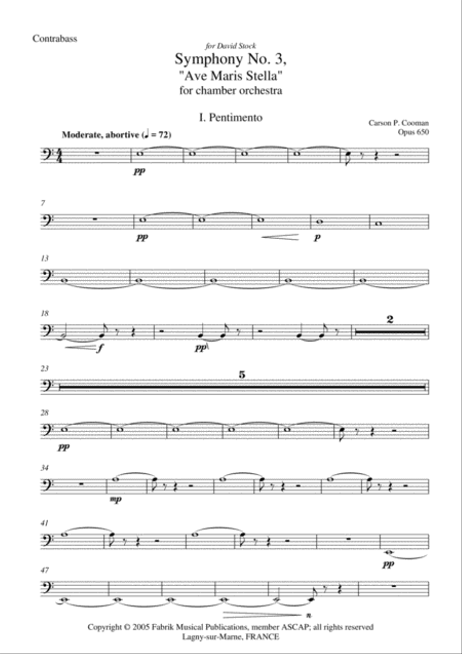 Carson Cooman: Symphony No. 3, “Ave Maris Stella” (2005) for chamber orchestra, contrabass part Chamber Orchestra scores gallery preview page 1