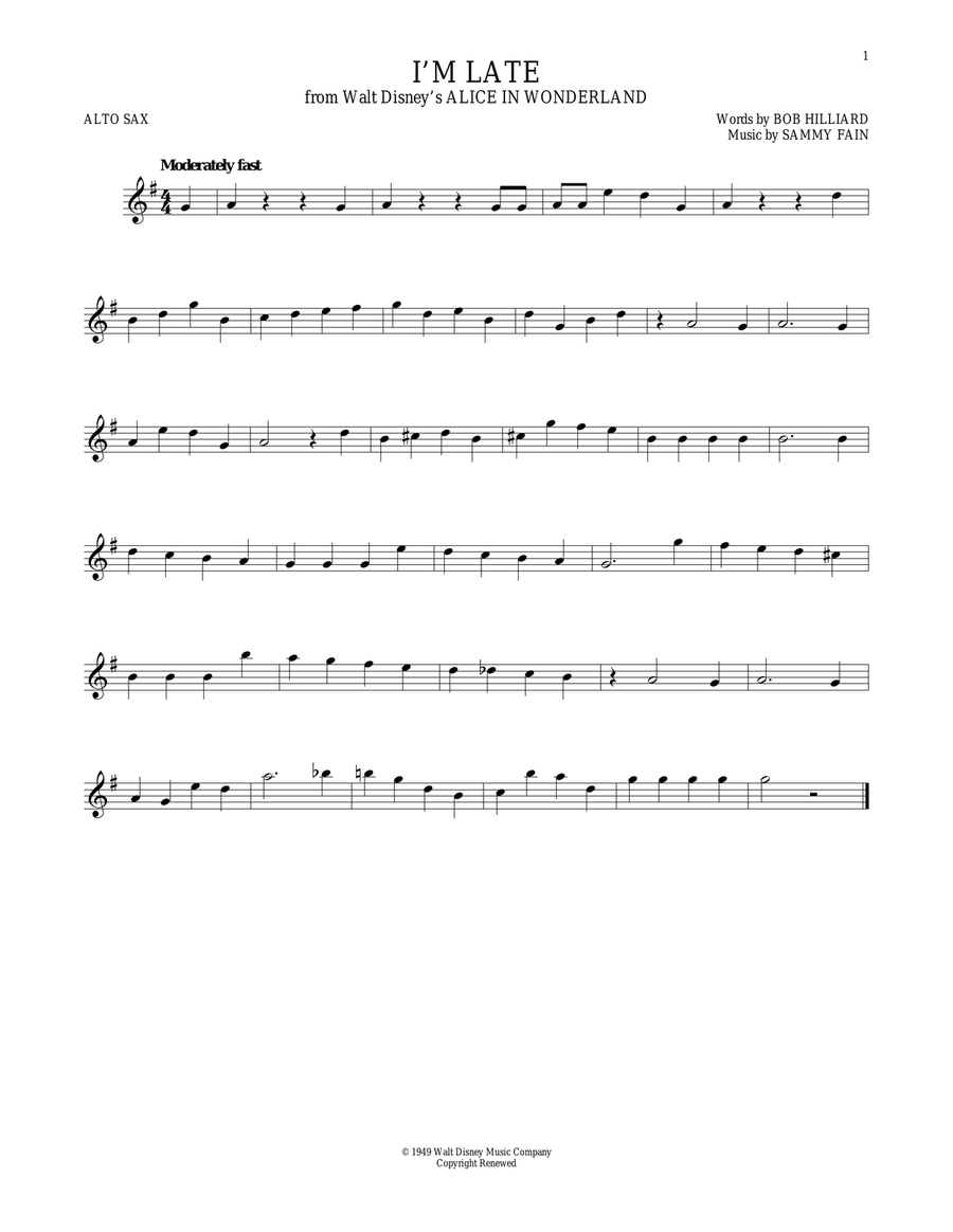I'm Late (from Alice In Wonderland) Alto Saxophone scores gallery preview page 1