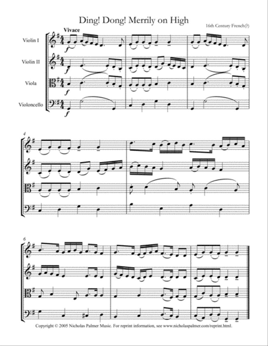 Ding! Dong! Merrily on high - easy string quartet String Quartet scores gallery preview page 1