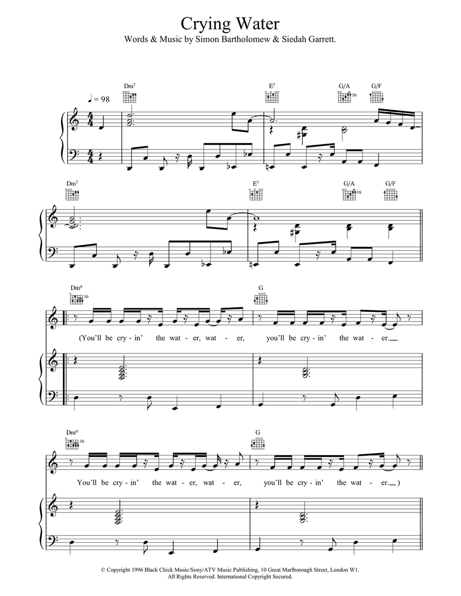 Crying Water Crying Water Piano, Vocal, Guitar scores gallery preview page 1