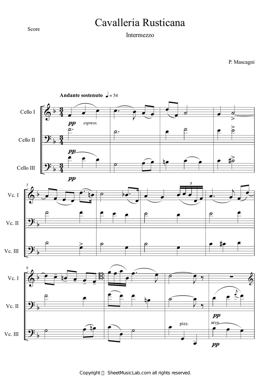 Cavalleria Rusticana by Pietro Mascagni Cello - Digital Sheet Music