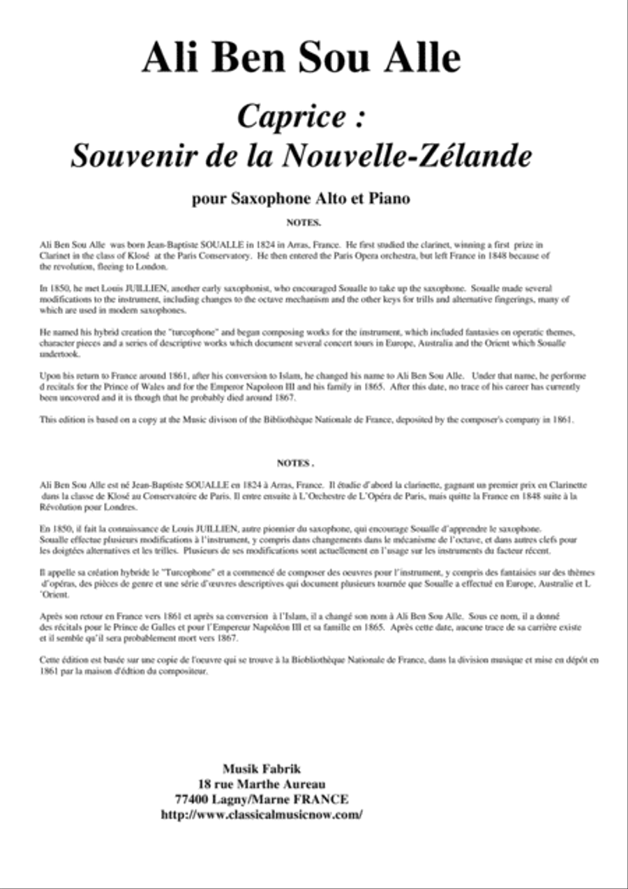 Ali Ben Sou Alle: Caprice : Souvenir de la Nouvelle-Zélande for alto saxophone and piano Alto Saxophone scores gallery preview page 1