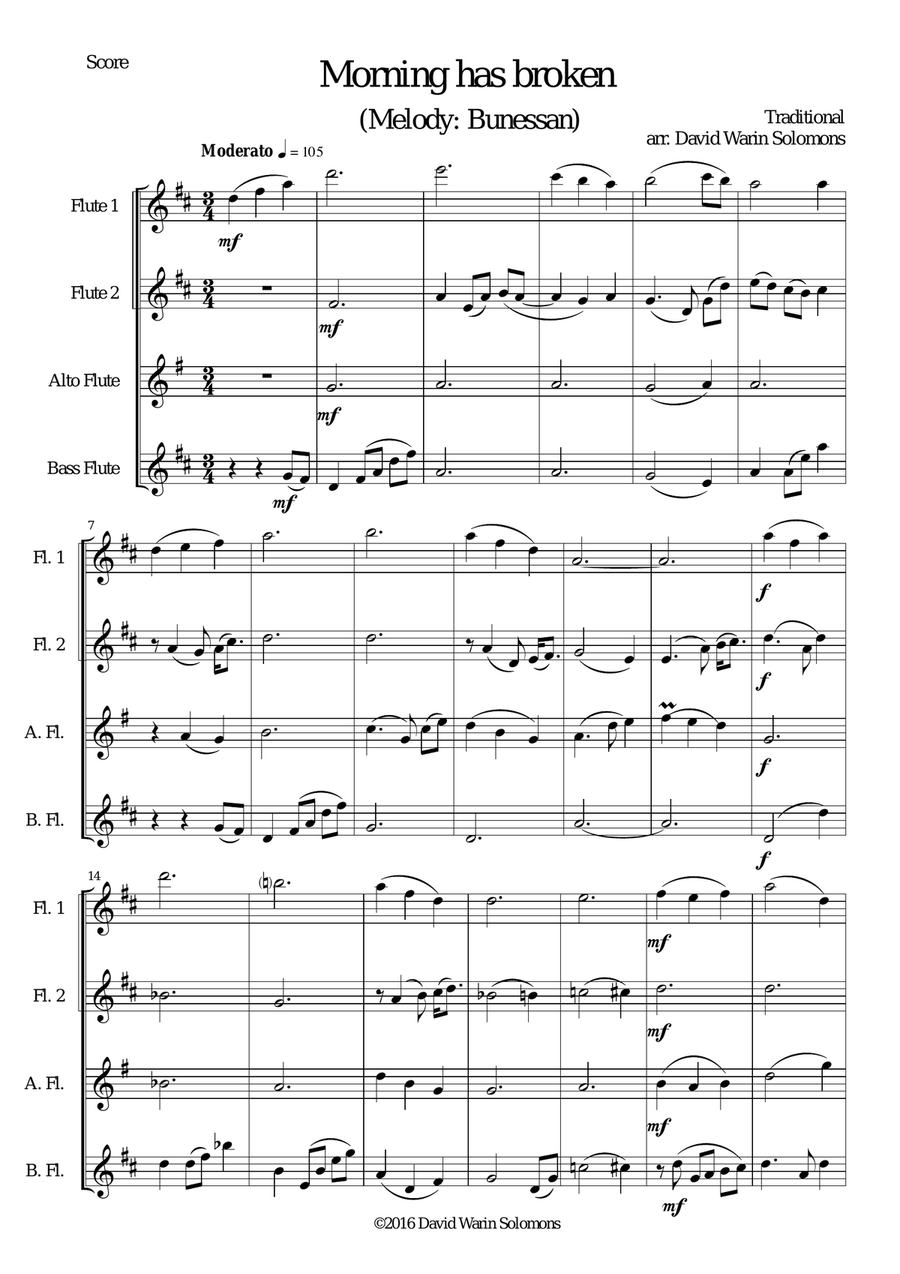 Variations on Morning has broken (Bunessan) for flute quartet Flute Quartet scores gallery preview page 1