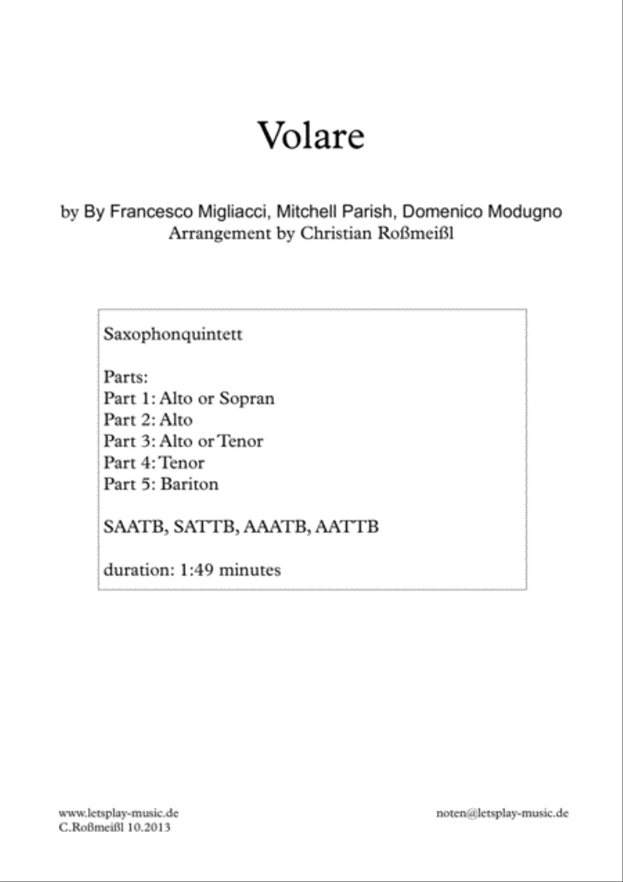 Volare by Domenico Modugno Woodwind Quintet - Digital Sheet Music