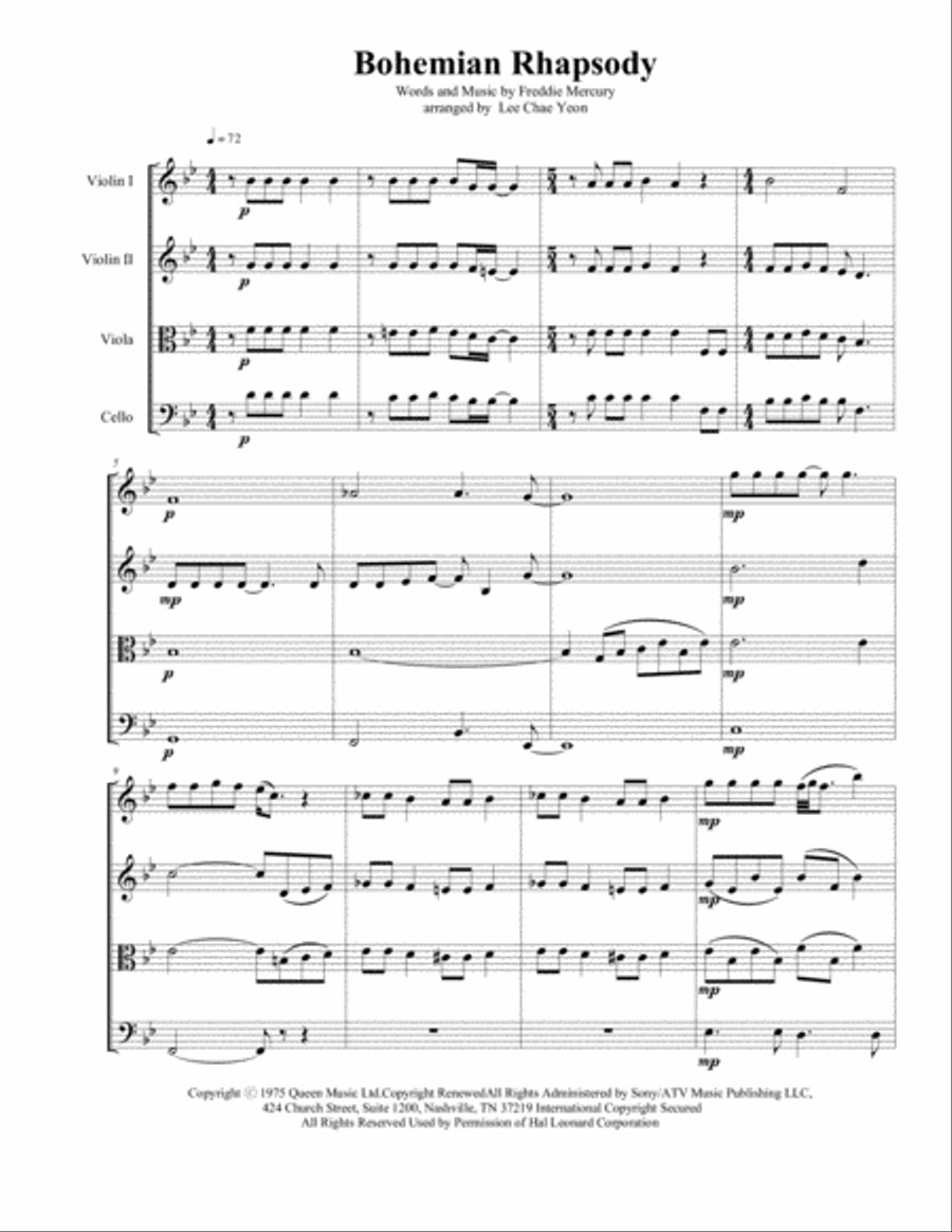 Bohemian Rhapsody String Quartet scores gallery preview page 1