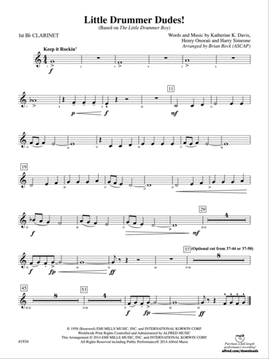 Little Drummer Dudes!: 1st B-flat Clarinet Concert Band scores gallery preview page 1