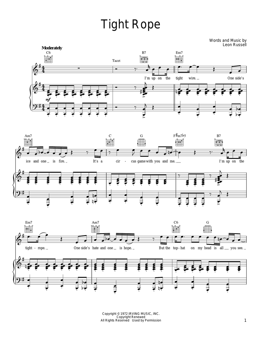 Tight Rope Tight Rope Piano, Vocal, Guitar scores gallery preview page 1
