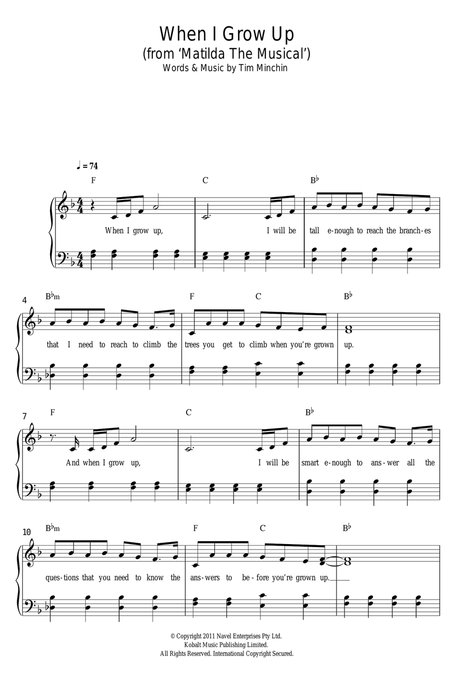 When I Grow Up (From 'Matilda The Musical') Easy Piano scores gallery preview page 1