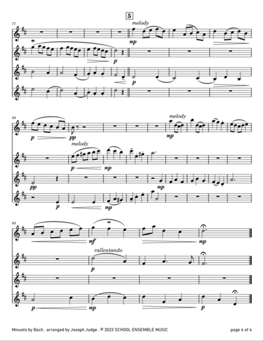 Minuets by Bach for Clarinet Quartet in Schools Clarinet Quartet scores gallery preview page 4