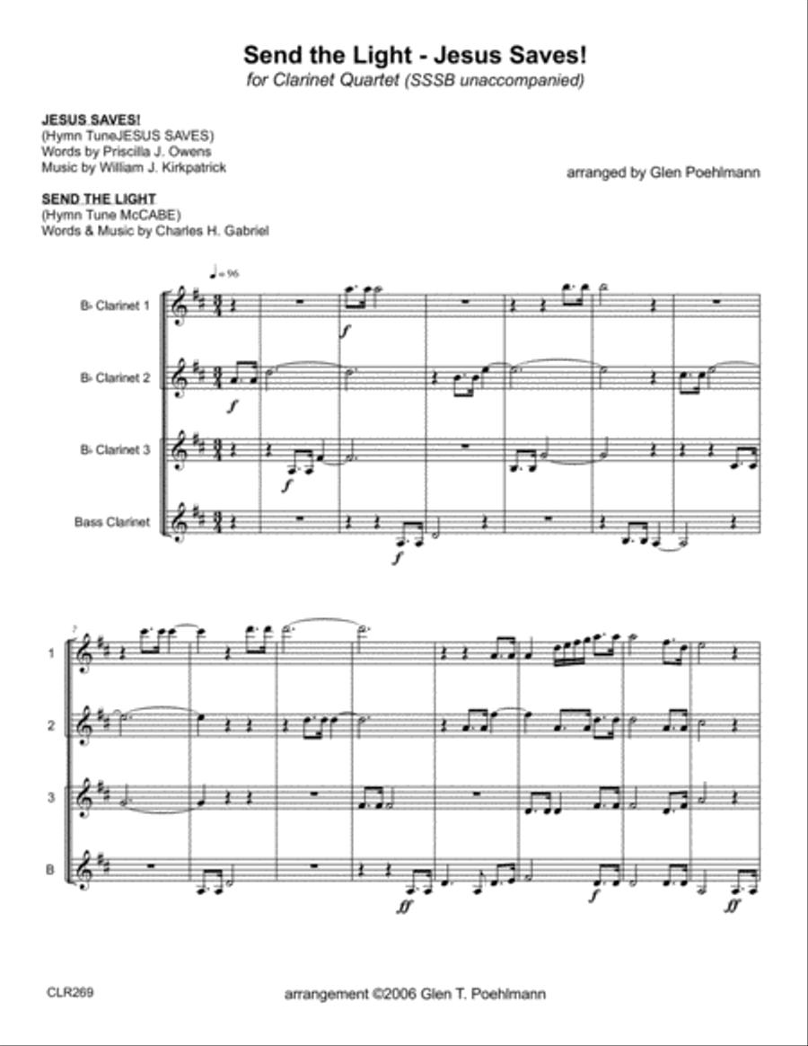 SEND THE LIGHT with JESUS SAVES - CLARINET QUARTET (unaccompanied) Clarinet Quartet scores gallery preview page 1