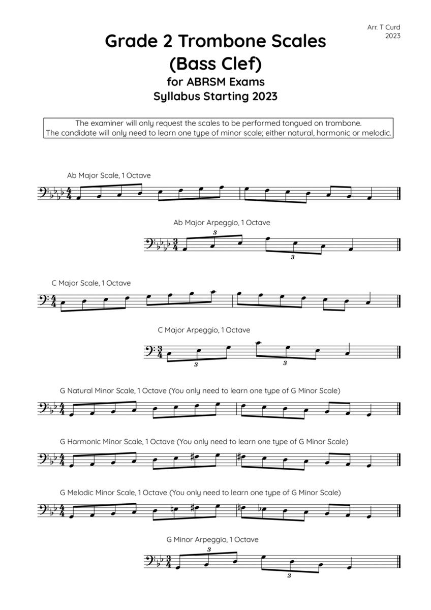 Trombone Scales (bass clef) Grade 2. For the new ABRSM Syllabus from 2023.
