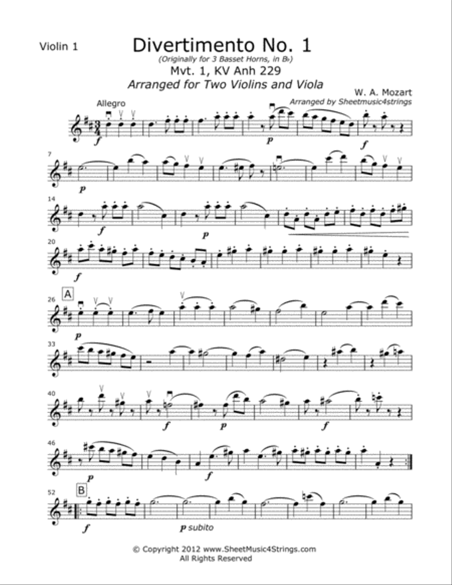 Mozart, W. - Divertimento No. 5 (Mvt. 1) for Two Violins and Viola String Trio scores gallery preview page 6
