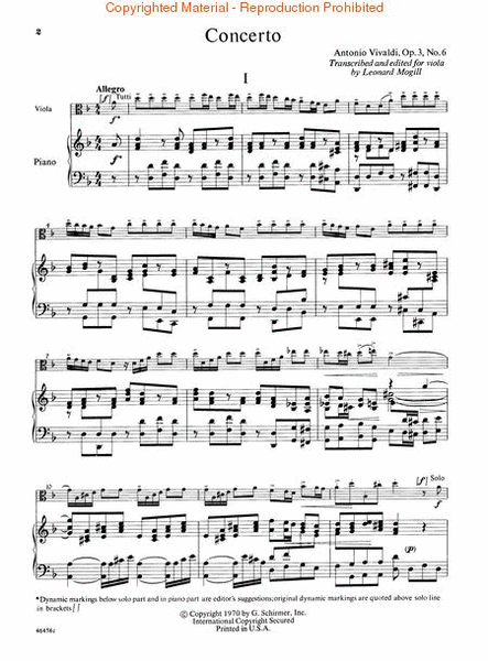 Viola Concerto In D Minor, Op. 3, No. 6 - Viola/Piano