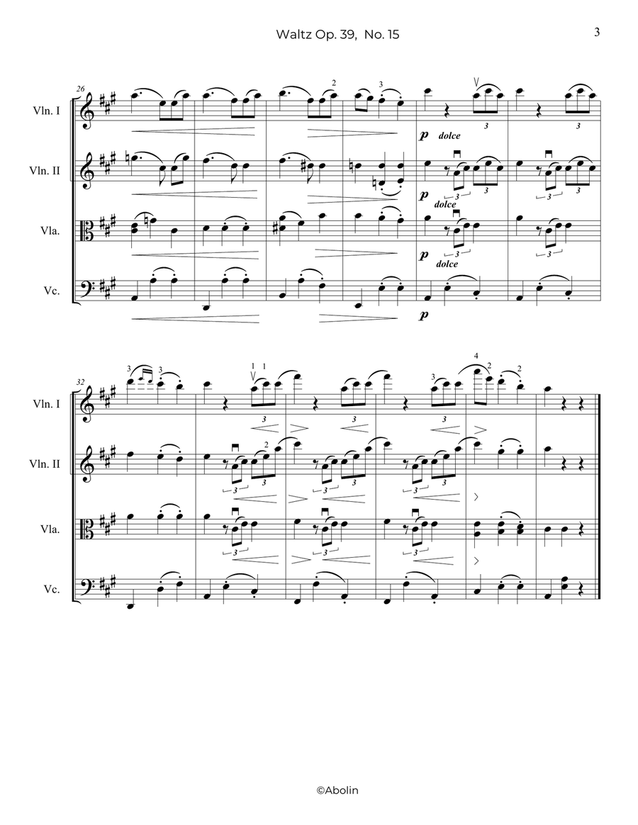 Brahms: Waltz Op.39, No.15 - String Quartet String Quartet scores gallery preview page 4