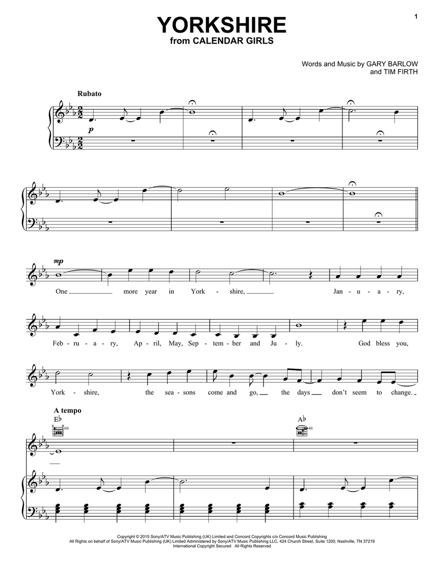 Yorkshire (from Calendar Girls the Musical) Piano, Vocal, Guitar scores gallery preview page 1