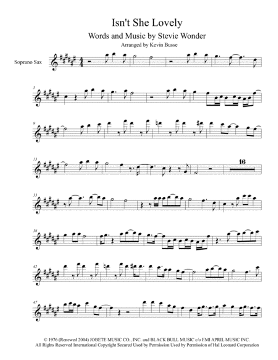 Isn't She Lovely Soprano Saxophone scores gallery preview page 1