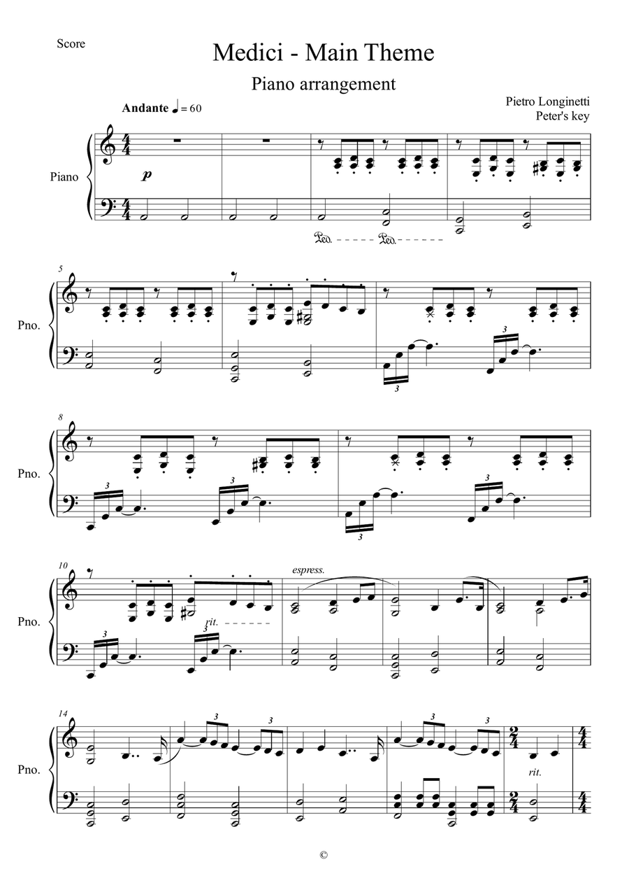 Medici (Main theme) - Piano Arrangement Piano, Vocal scores gallery preview page 1