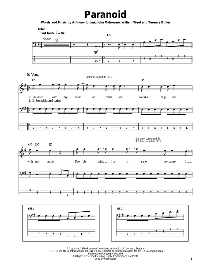 Paranoid Paranoid Bass Guitar Tablature scores gallery preview page 1