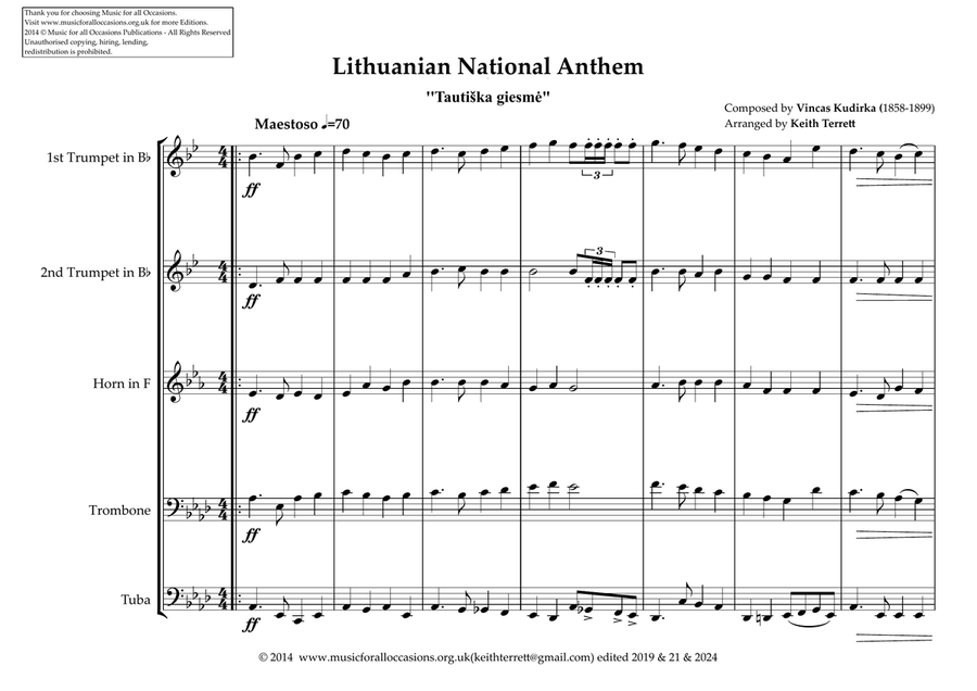 Lithuanian National Anthem for Brass Quintet (MFAO World National Anthem Series) image number null