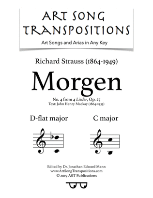 Book cover for STRAUSS: Morgen, Op. 27 no. 4 (transposed to D-flat major and C major)