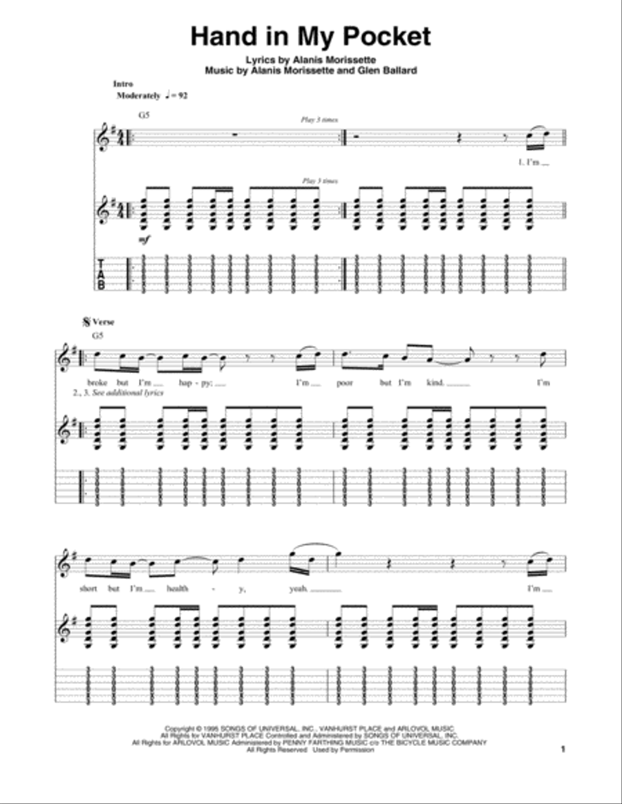 Hand In My Pocket Guitar Tablature scores gallery preview page 1