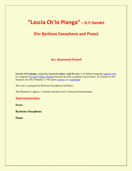 Lascia Ch'io Pianga - From Opera 'Rinaldo' - G.F. Handel ( Baritone Saxophone and Piano) image number null