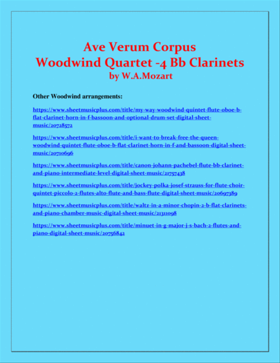Ave Verum Corpus - Mozart - 4 Bb Clarinets Quartet - Intermediate level Clarinet Quartet scores gallery preview page 3