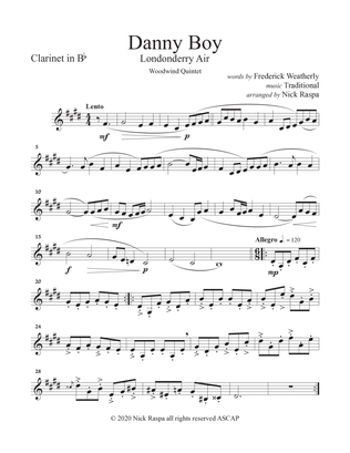 Book cover for Danny Boy (Londonderry Air) Woodwind Quintet (Fl, Ob, CL, Hrn, Bsn) - Clarinet part
