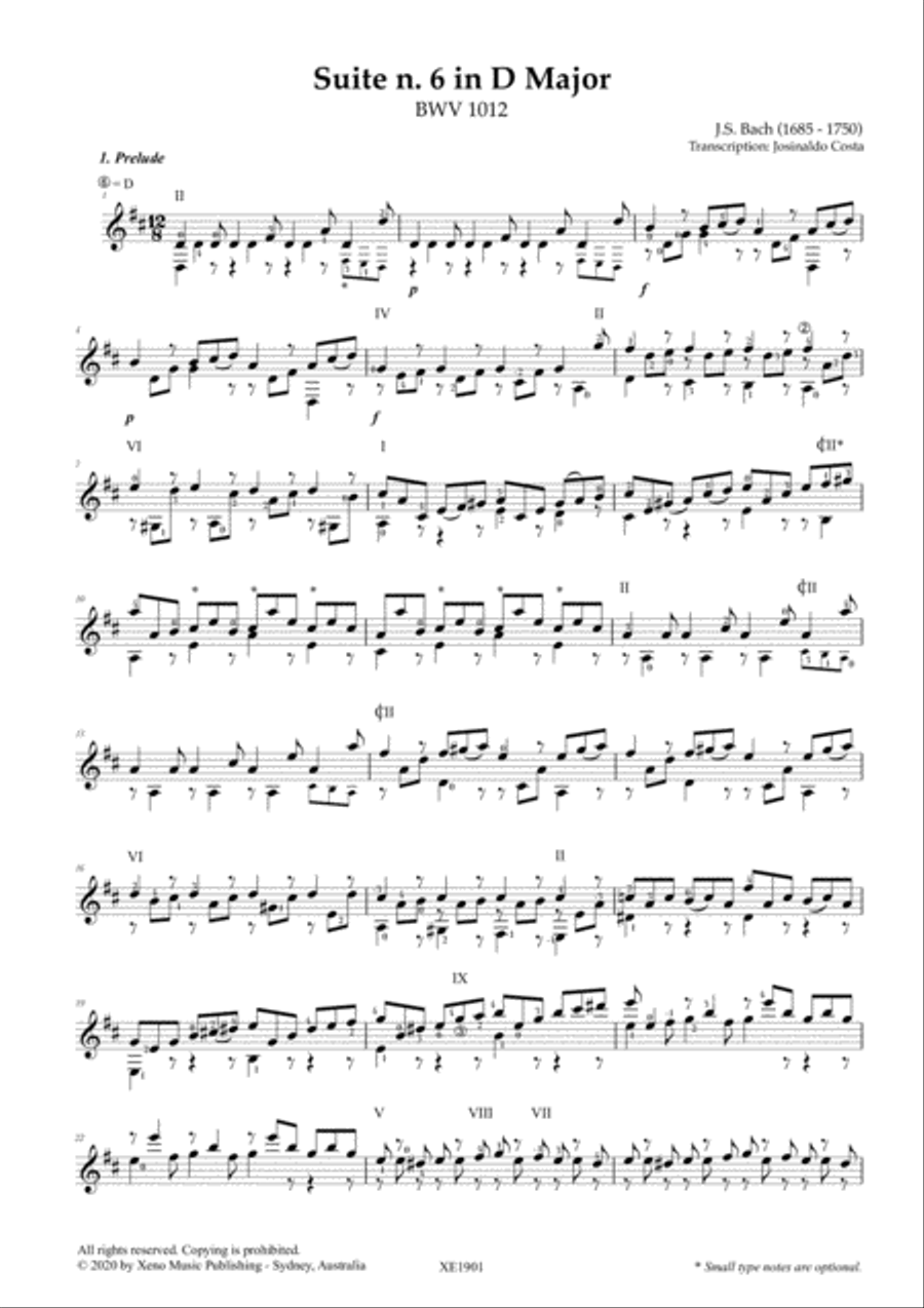 J.S. Bach - Suite n. 6 in D Major BWV 1012 Classical Guitar Transcription