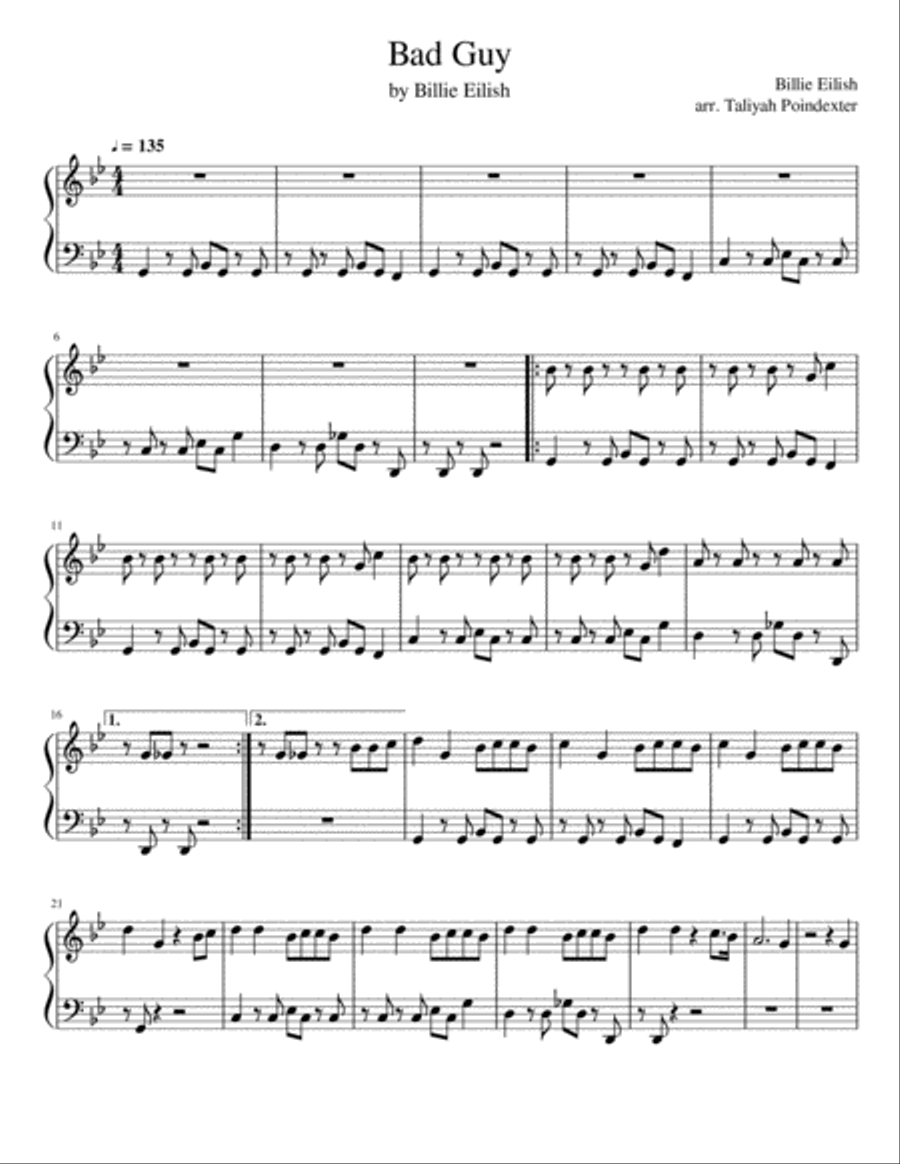 Bad Guy Easy Piano scores gallery preview page 1
