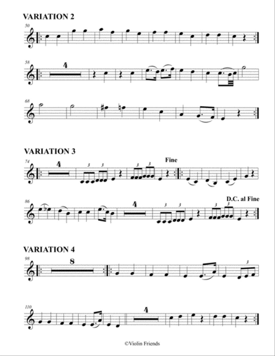 12 Variations on Twinkle, Twinkle, Little Star by Mozart arr. for piano quartet: Parts for strings (